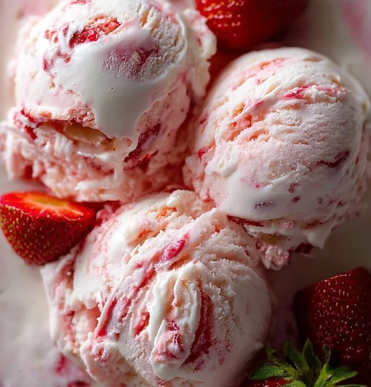 A bowl of Strawberry Shortcake Ice Cream topped with fresh strawberries and whipped cream.