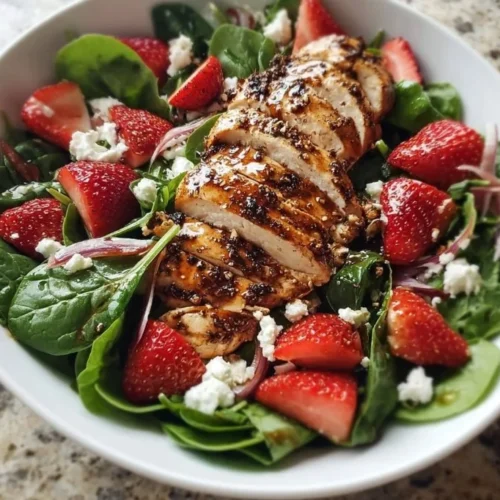 Strawberry Spinach Salad with Chicken Delicious Strawberry Spinach Salad with Chicken and nuts on a plate