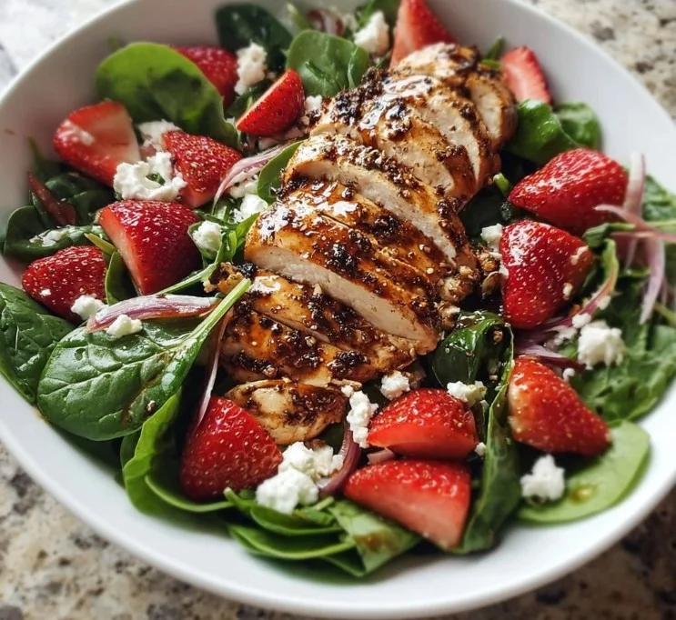 Home Delicious Strawberry Spinach Salad with Chicken and nuts on a plate