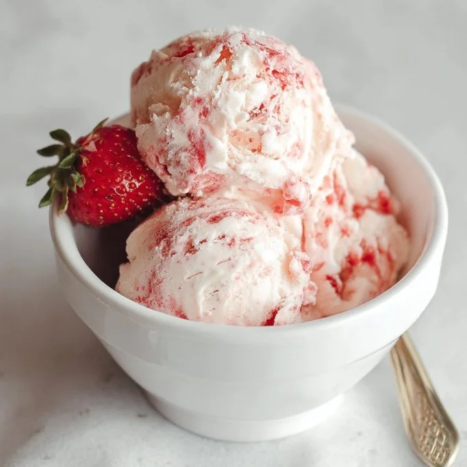 Delicious strawberry swirl ice cream served in a cone with fresh strawberries