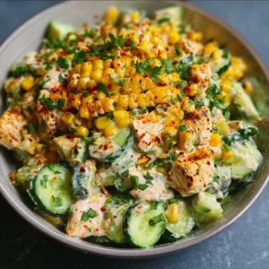 Street Corn Creamy Cucumber Chicken Salad recipe with chicken and fresh ingredients
