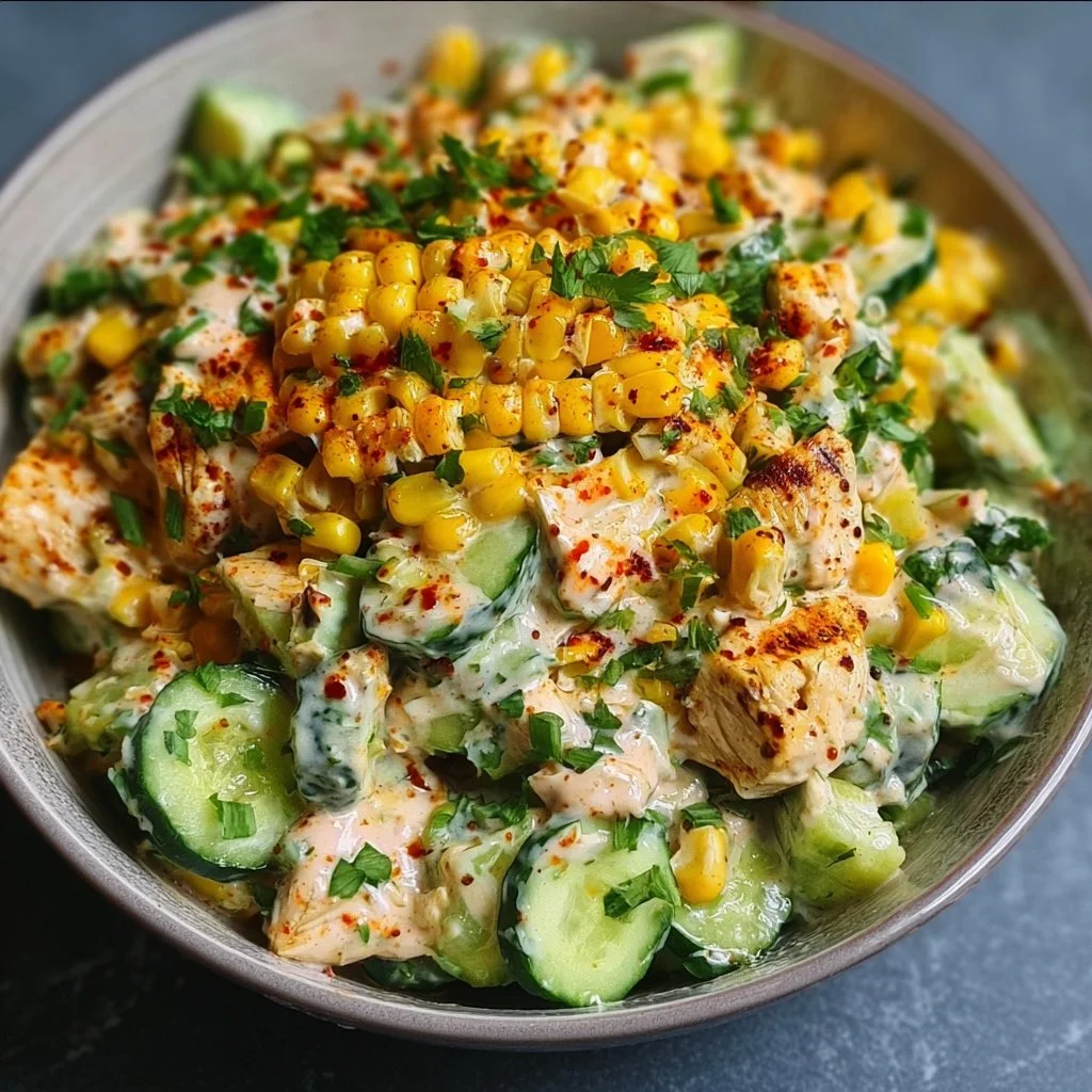 Street Corn Creamy Cucumber Chicken Salad recipe with chicken and fresh ingredients