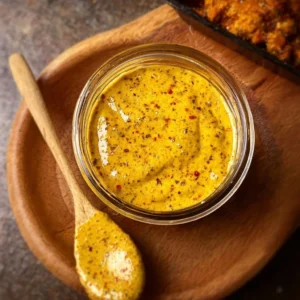 Sweet and Spicy Mardi Gras Mustard jar with festive decorations.