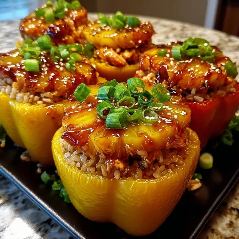 Teriyaki Pineapple Chicken and Rice Stuffed Peppers plated on a rustic table