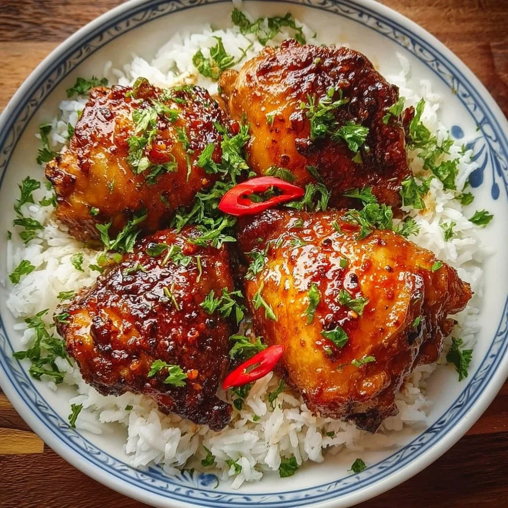 Plate of Thai sticky chicken thighs garnished with herbs and spices.