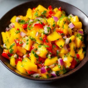 Bowl of fresh mango salsa with chopped ingredients on a wooden table