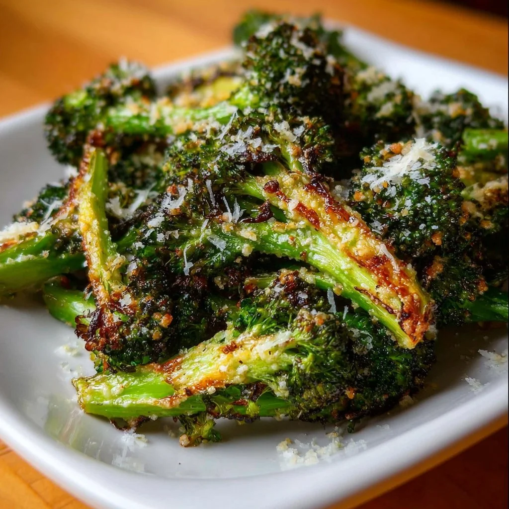 Crispy garlic parmesan roasted broccoli in a serving bowl