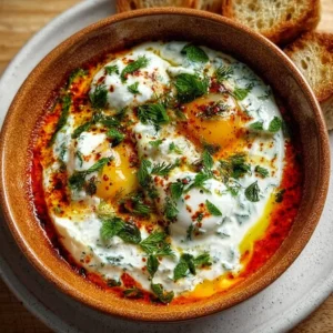 Delicious Turkish eggs Çılbır topped with herbed yogurt
