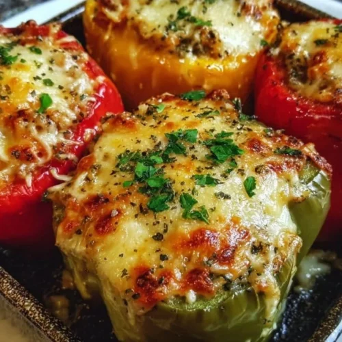 Colorful vegetarian stuffed bell peppers filled with rice and vegetables