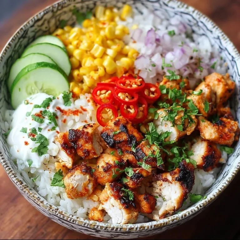 Vibrant chicken rice bowl topped with fresh vegetables and herbs