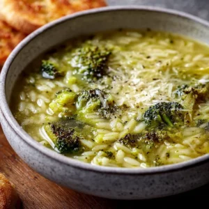 Bowl of warming Italian Broccoli Soup topped with fresh herbs and a drizzle of olive oil.