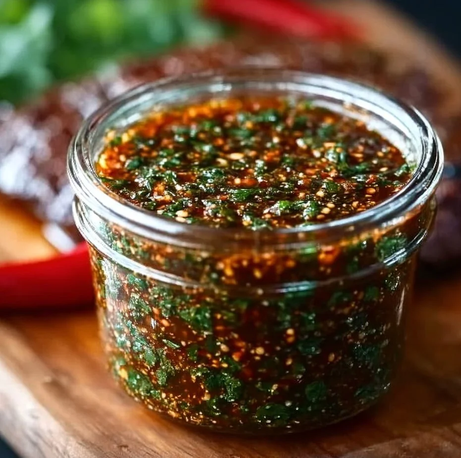Bottle of zesty smoky red chimichurri sauce on a wooden table.