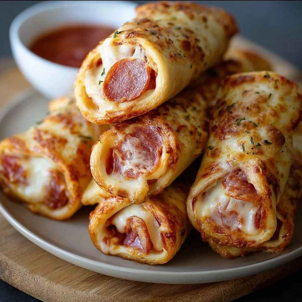 Delicious cheesy pepperoni pizza roll ups on a plated serving dish.