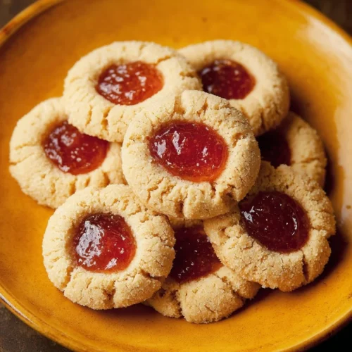 Baked Almond Thumbprint Cookies topped with fruit jam