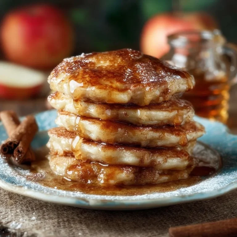 Delicious apple cinnamon pancakes stacked on a plate with syrup