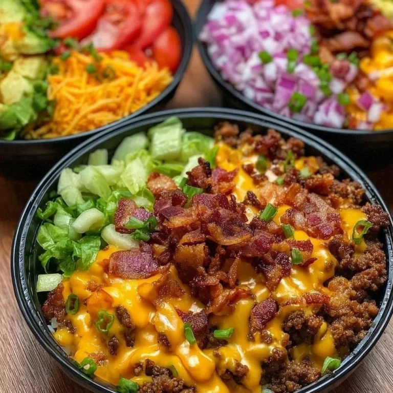 Delicious Bacon Cheeseburger Bowl with beef, cheese, and bacon toppings.