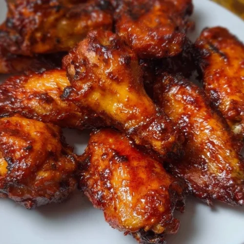 Crispy baked BBQ chicken wings on a plate garnished with fresh herbs