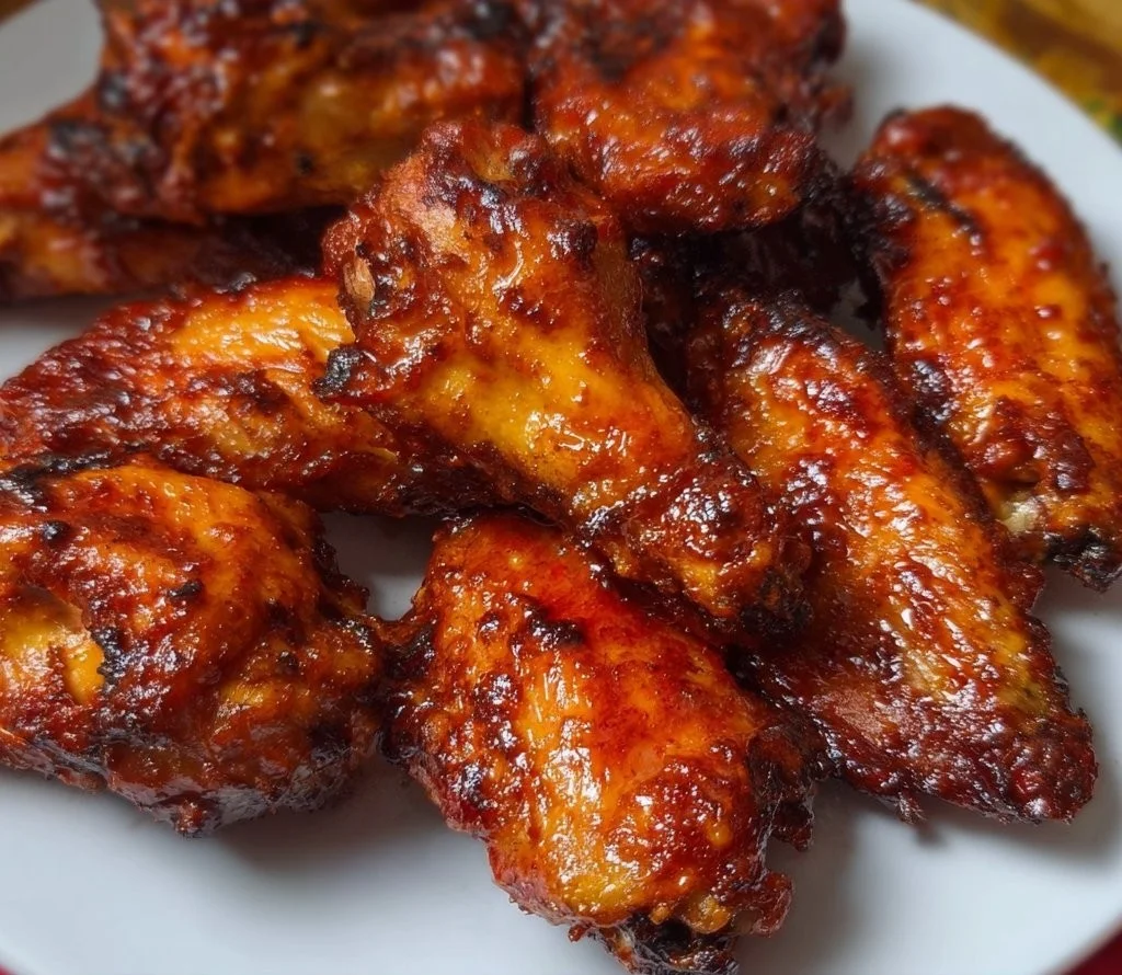 Crispy baked BBQ chicken wings on a plate garnished with fresh herbs