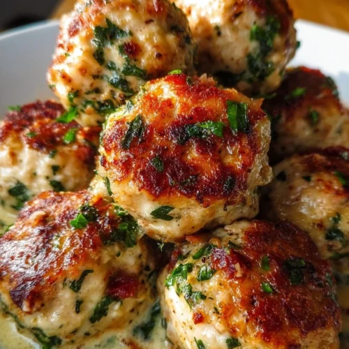 Baked chicken ricotta meatballs served with marinara sauce and herbs