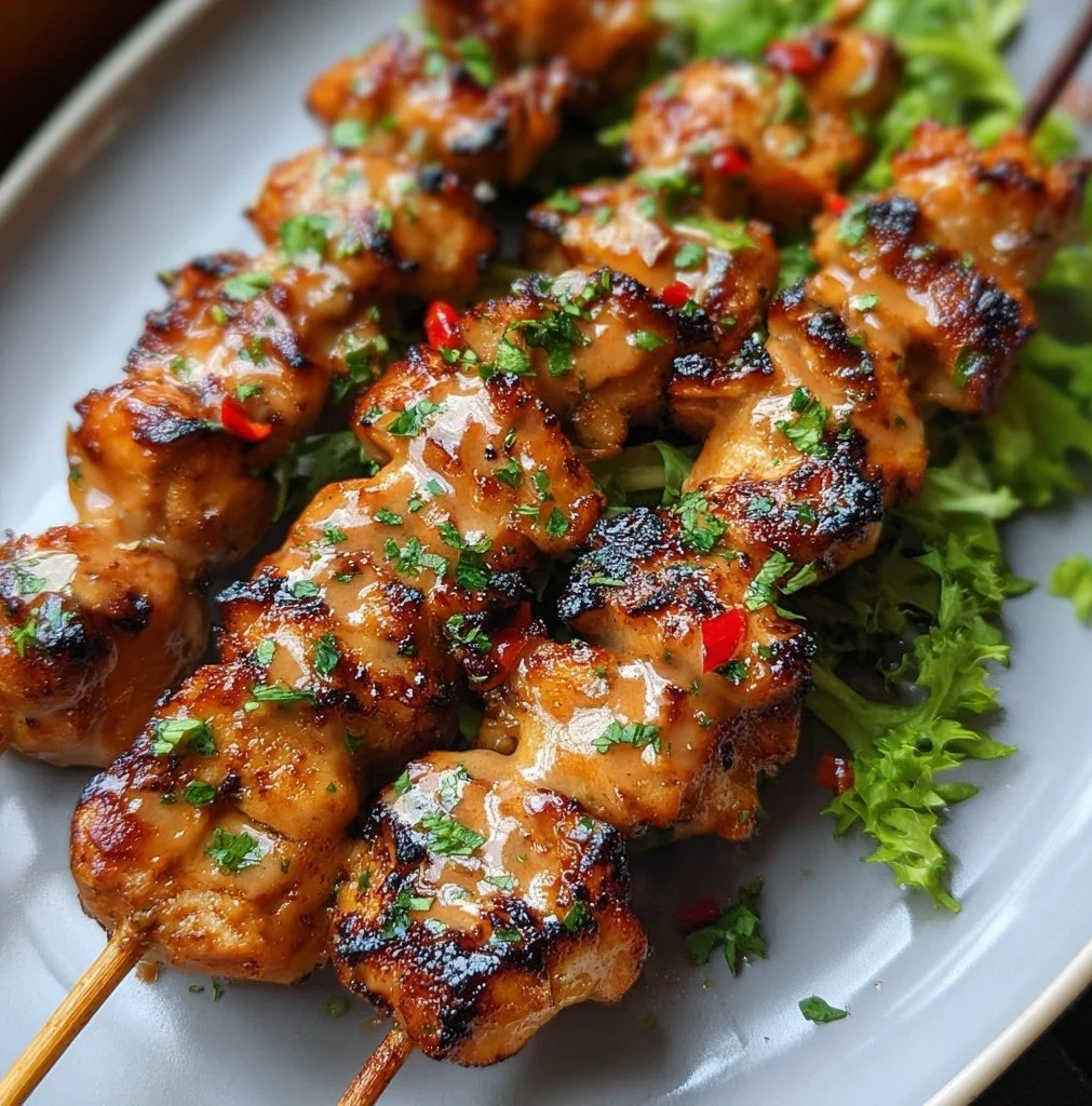 Delicious Bang Bang Chicken Skewers served with dipping sauce