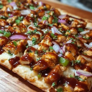 BBQ chicken flatbread pizza topped with cheese and fresh ingredients.