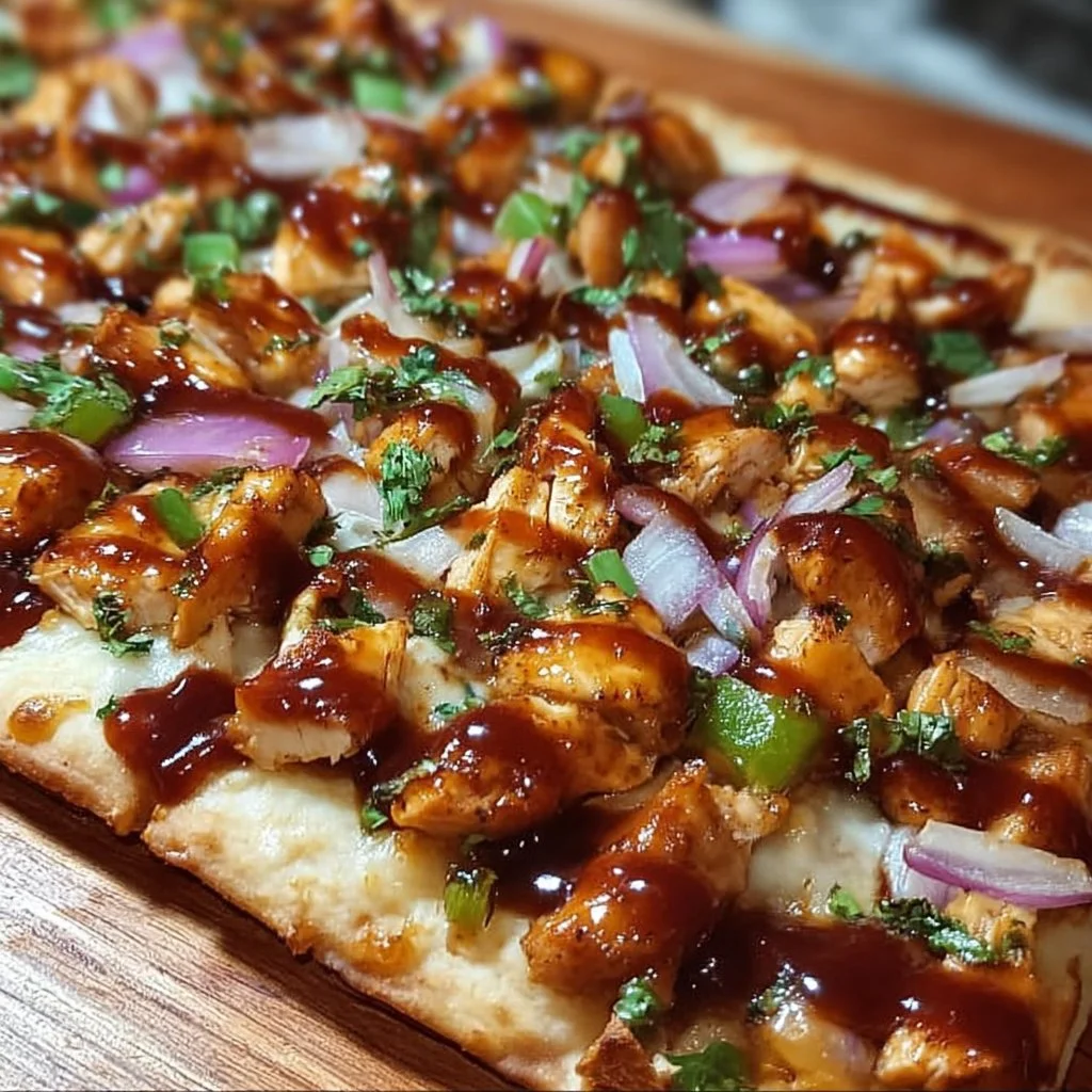 BBQ chicken flatbread pizza topped with cheese and fresh ingredients.