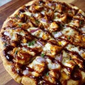 Delicious BBQ chicken pizza topped with melted cheese and barbecue sauce.