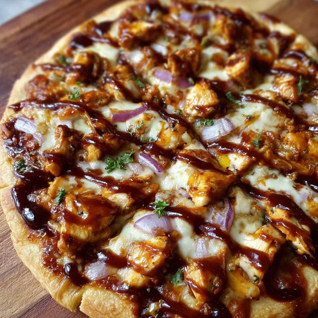 Delicious BBQ chicken pizza topped with melted cheese and barbecue sauce.