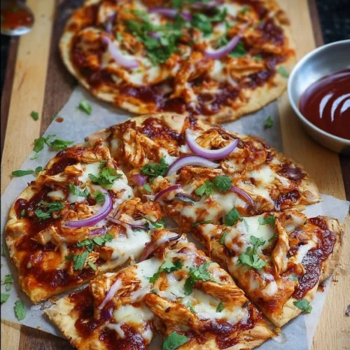 BBQ Chicken Pizza made with tortillas, topped with BBQ sauce, chicken, and cheese.