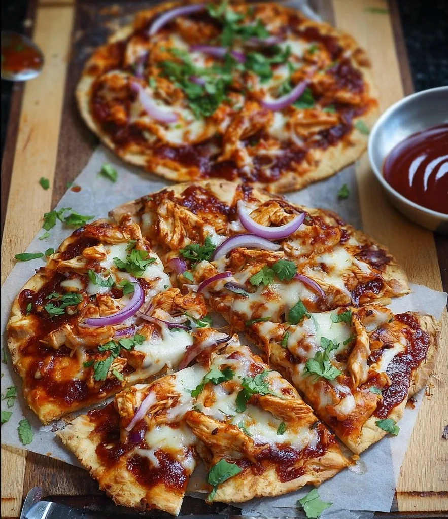 BBQ Chicken Pizza made with tortillas, topped with BBQ sauce, chicken, and cheese.