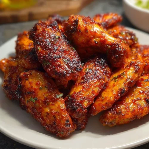 BBQ Chicken Wings Delicious BBQ chicken wings garnished with herbs on a grill.