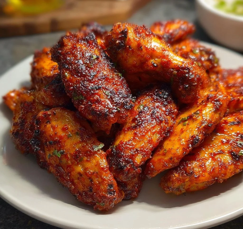 Delicious BBQ chicken wings garnished with herbs on a grill.