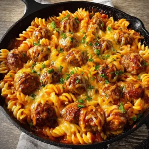 BBQ Ranch Meatball and Cheddar Pasta Skillet served in a skillet dish