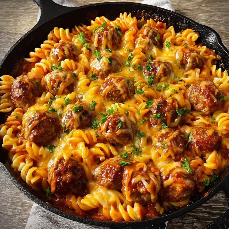 BBQ Ranch Meatball and Cheddar Pasta Skillet served in a skillet dish