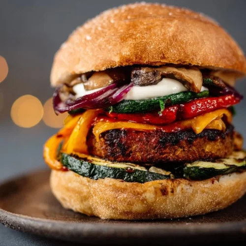 Delicious bean burger topped with grilled vegetables on a plate