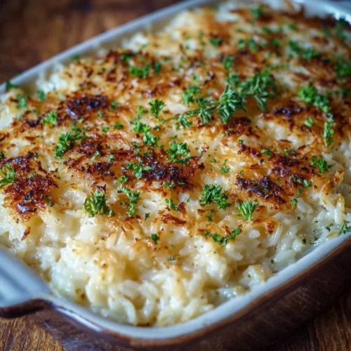 Delicious creamy baked rice dish topped with cheese and herbs