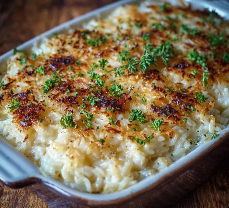 Delicious creamy baked rice dish topped with cheese and herbs