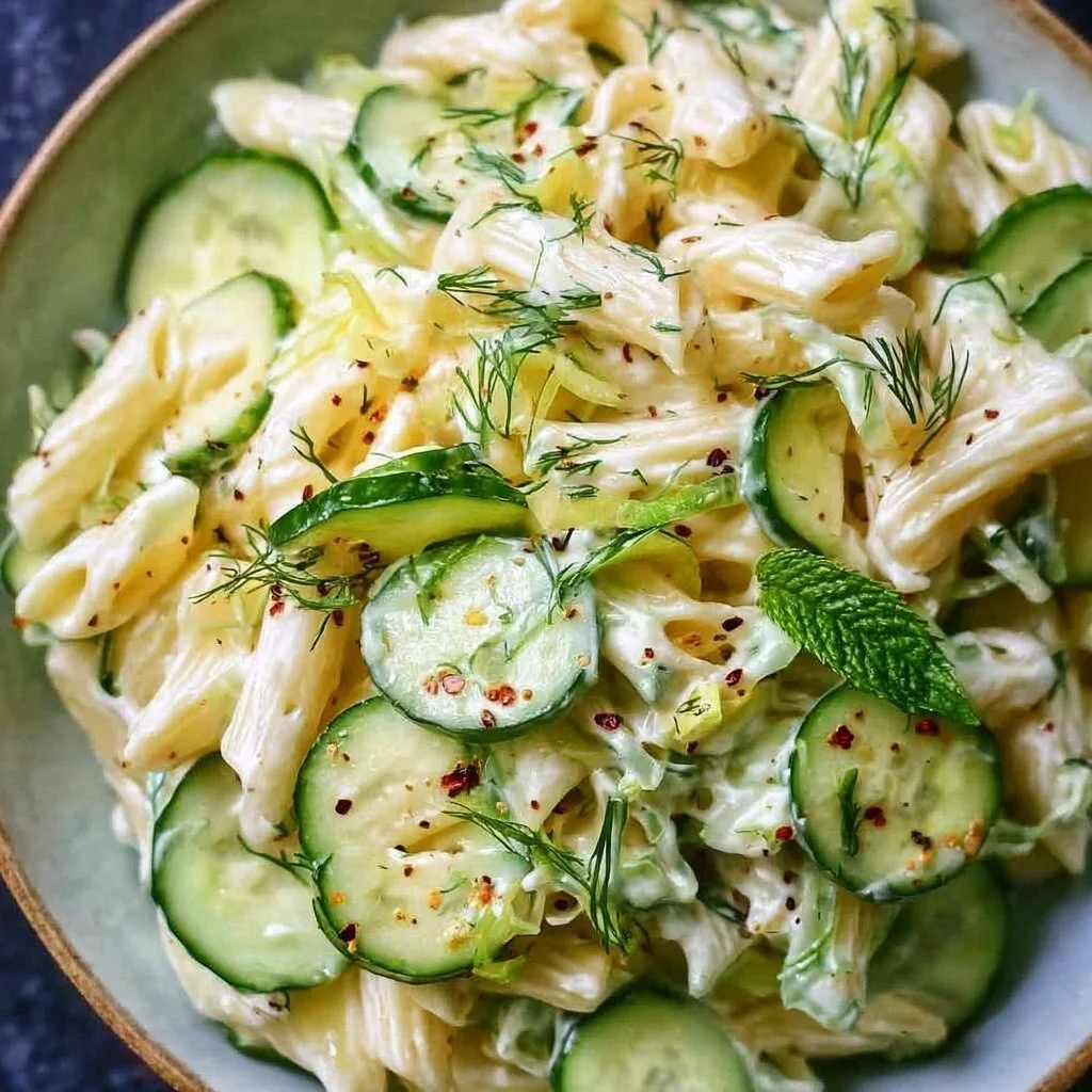 Delicious cucumber pasta salad served in a bowl with fresh vegetables