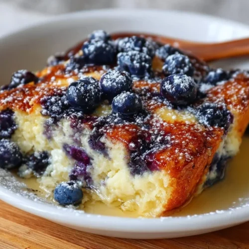 Blueberry Buttermilk Pancake Casserole served warm, topped with fresh blueberries and syrup.
