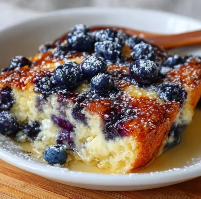 Blueberry Buttermilk Pancake Casserole served warm, topped with fresh blueberries and syrup.