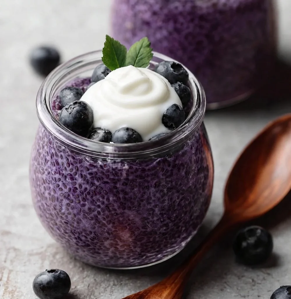 Delicious blueberry chia pudding served in a glass with fresh berries on top.