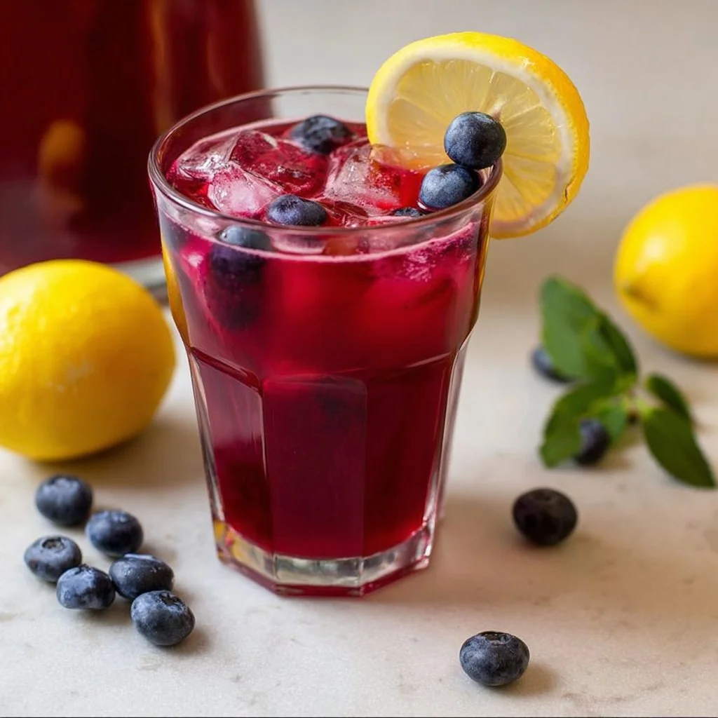 Refreshing homemade blueberry lemonade served in a glass with fresh blueberries
