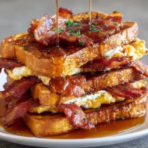 Delicious Bourbon Maple Bacon French Toast topped with crispy bacon and maple syrup