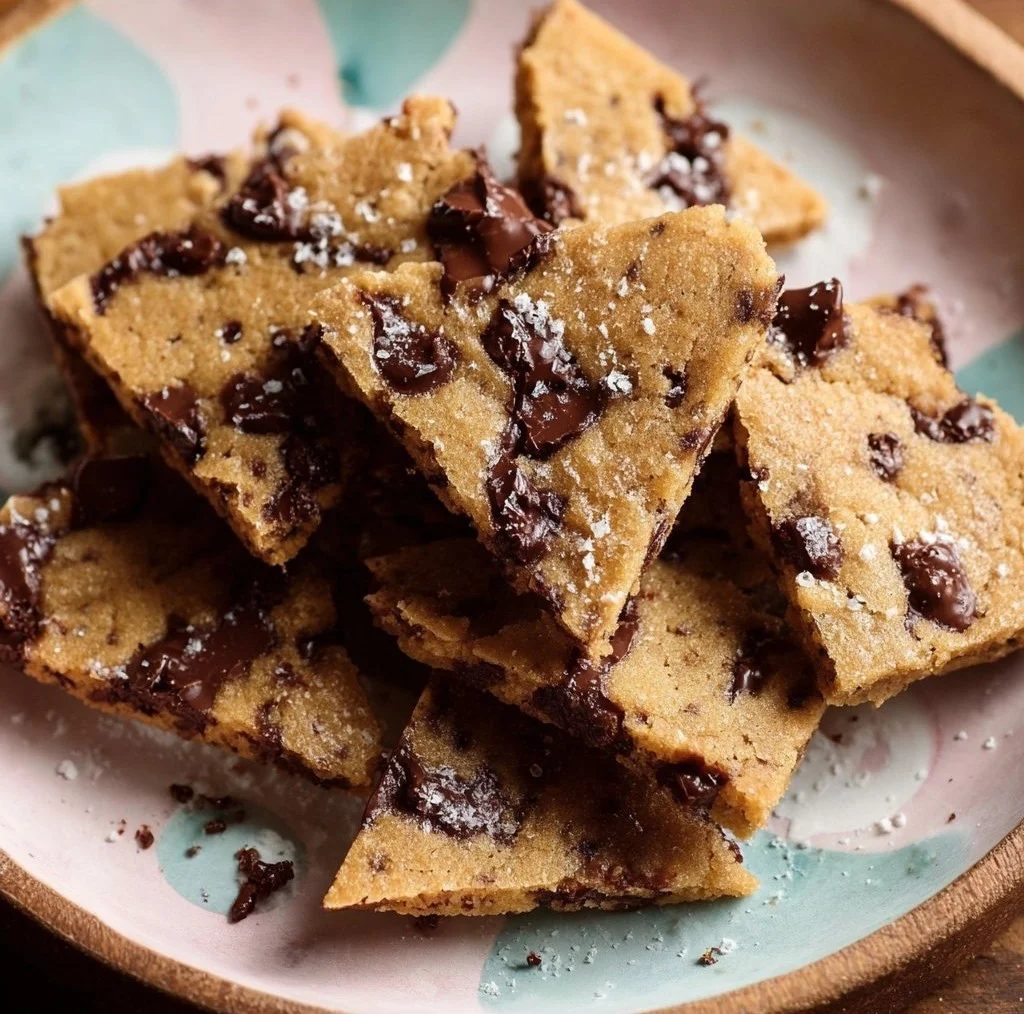 Brown butter chocolate chip cookie bark shards on a plate