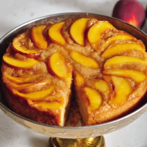 Delicious brown sugar peach cake garnished with fresh peaches on a white plate