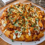 Delicious homemade Buffalo Chicken Pizza topped with spicy sauce and melted cheese