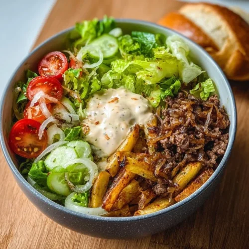 Delicious burger bowls with fresh toppings and ingredients served in a bowl.