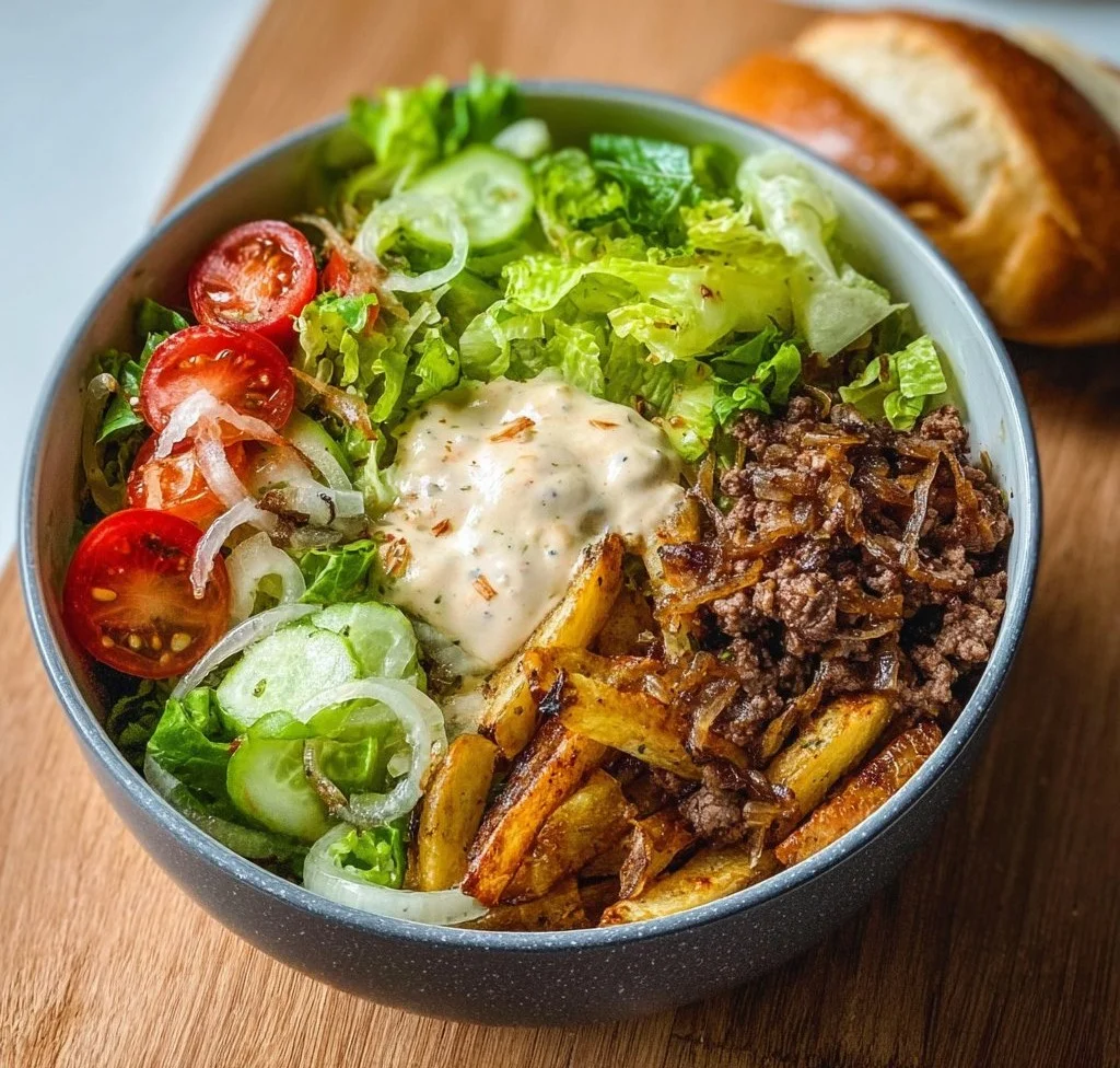 Delicious burger bowls with fresh toppings and ingredients served in a bowl.