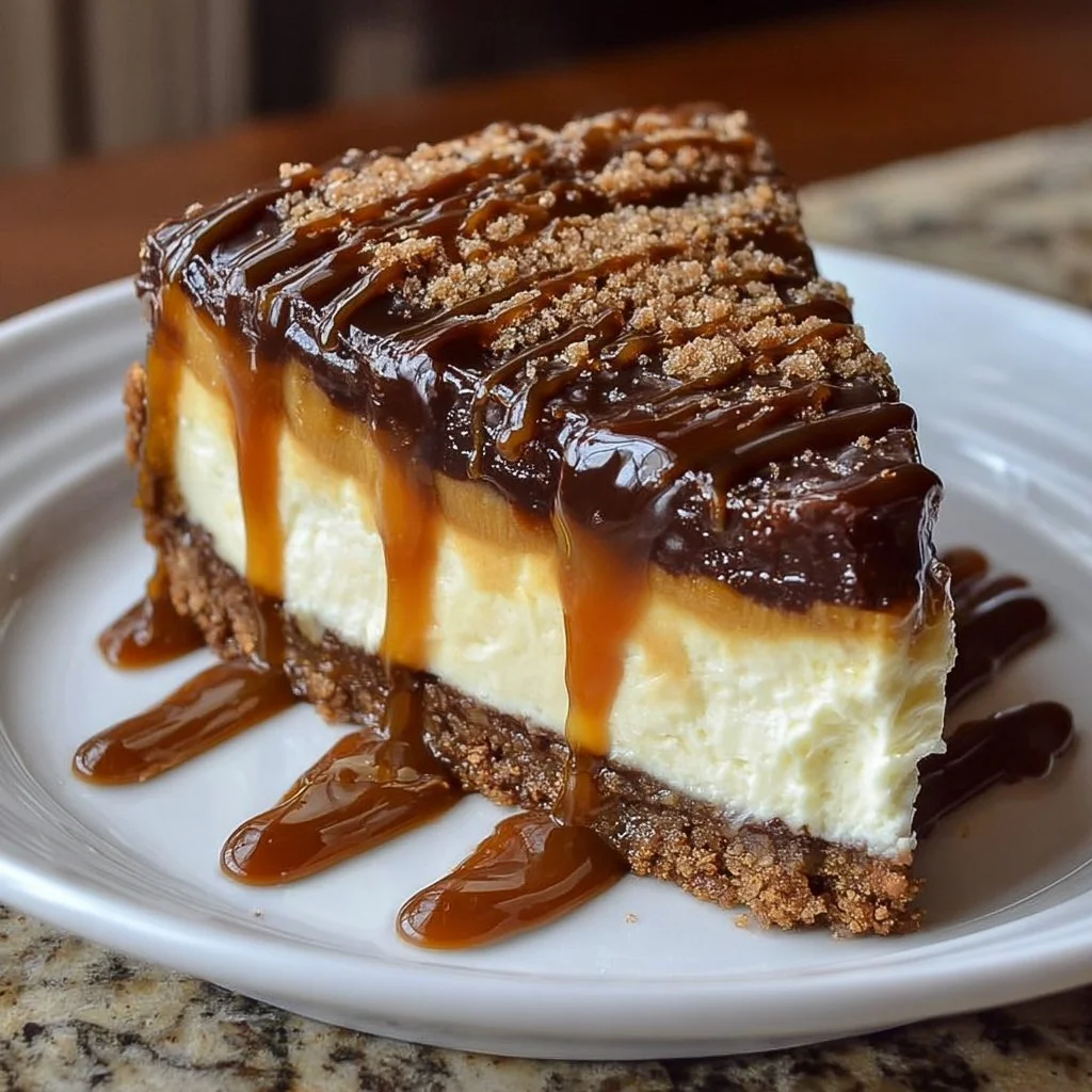 Home Slice of caramel chocolate cheesecake topped with rich caramel drizzle