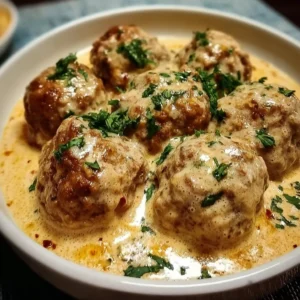 A plate of delicious creamy meatballs served with sauce.